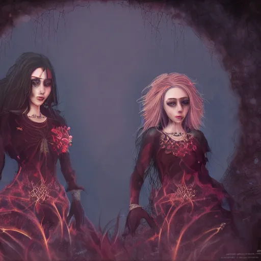 Image similar to A portrait of two Gothic goddesses of fire jewels in an empty land, dark and mysterious, volumetric lighting, lively atmospheric, cinematic, 8k, 4k, ultra detail, ultra-realistic, rendered by DeviantArt