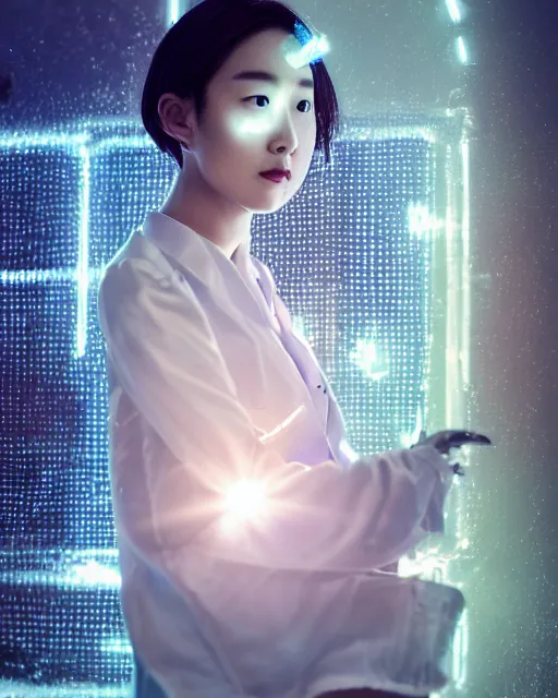 Image similar to beautiful centered photo portrait of hoyeon jung as a solarpunk robotic humanoid with white mechanical parts with bright halogen lights, treading on calm water, ultra - realistic and detailed, sun lit, white background, bokeh, soft focus, slow exposure hdr 8 k