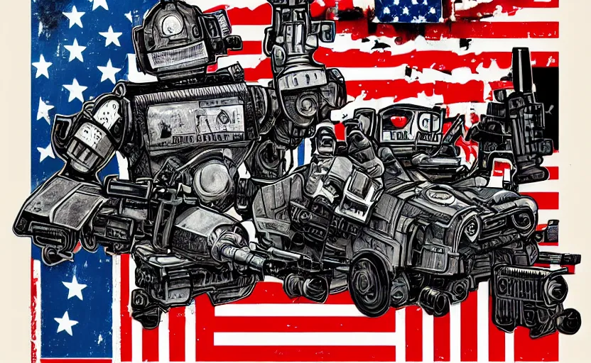 Prompt: robot made of guns, gritty, goes hard, america, poster, detailed, award winning, iconic, ww 3,