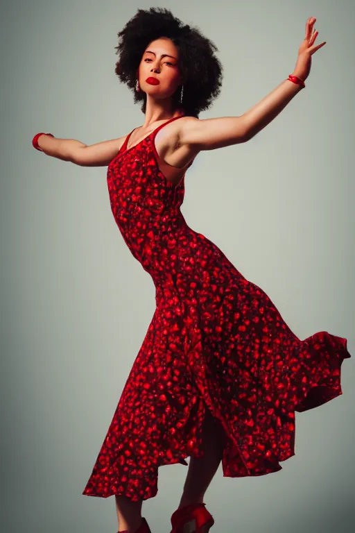 Image similar to full body portrait of a female in a dancing pose, red floral dress, cinematic lighting, 4 k,