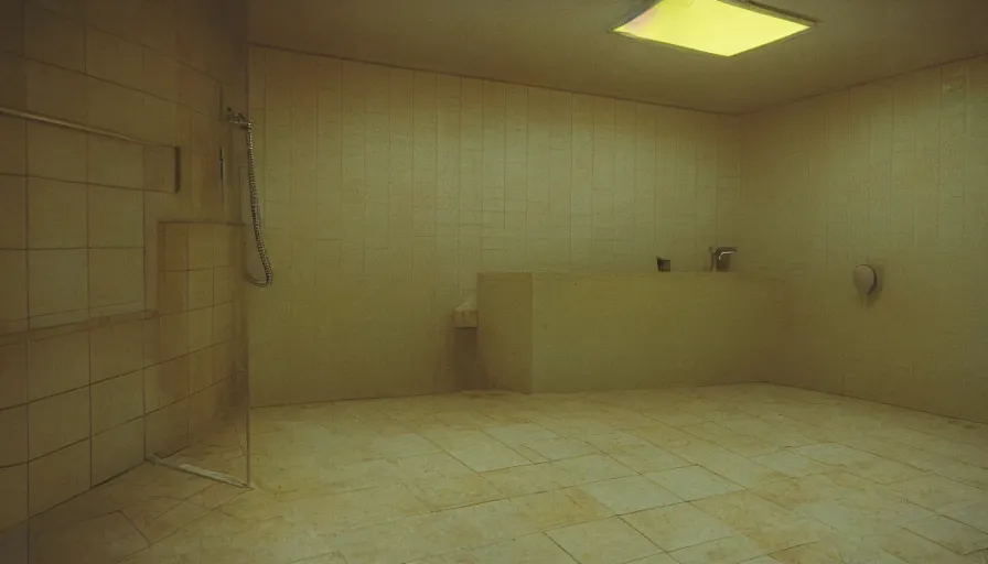 Image similar to 60s movie still of a sovietic stalinist style empty prison shower light yellow tiles, cinestill 800t 50mm eastmancolor, liminal Space style, heavy grain-s 150