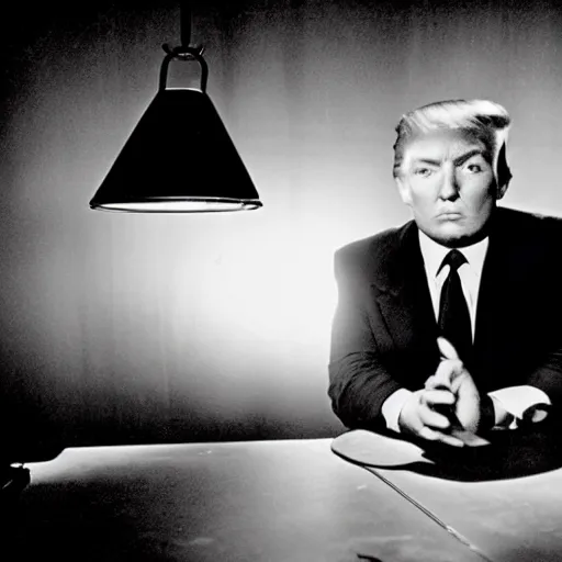 Image similar to a film still from a 1 9 4 0's film noir movie with donald trump sitting at a metal table in an dark interrogation room with a hanging light shining on him, dramatic lighting