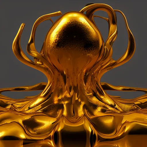 Image similar to 3 d fluid simulation render, octane render, xparticles, black latex and golden colors, female bodies, abstract sculpture