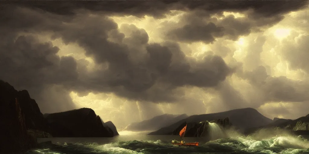 Image similar to a princess, big monster, snowy fjord, storm clouds, dramatic lighting, hudson river school, afternoon