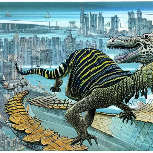 Image similar to a hybrid animal half crocodile and half tiger, futuristic city scape, rule of thirds, painting by moebius