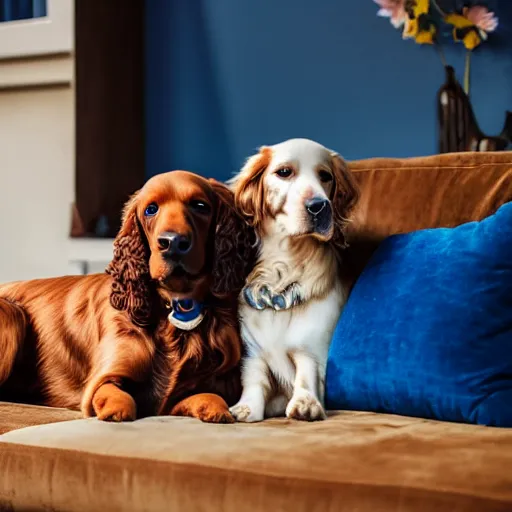 Prompt: a cute spaniel, Labrador and golden retriever spread out on a plush blue sofa. Award winning photograph, soft focus, 25mm, style of Vogelsang, Elke