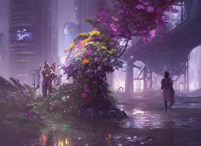 Prompt: cyberpunk flower bloom by vladimir volegov and alexander averin and peder mørk mønsted and adrian smith and raphael lacoste