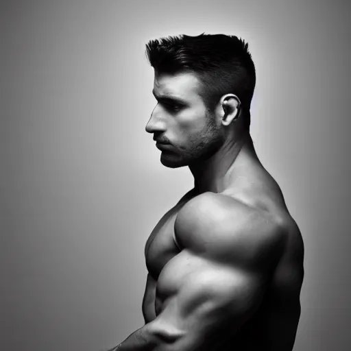 Prompt: chad, man with huge muscular jaw, short black hair, professional studio photography, grayscale