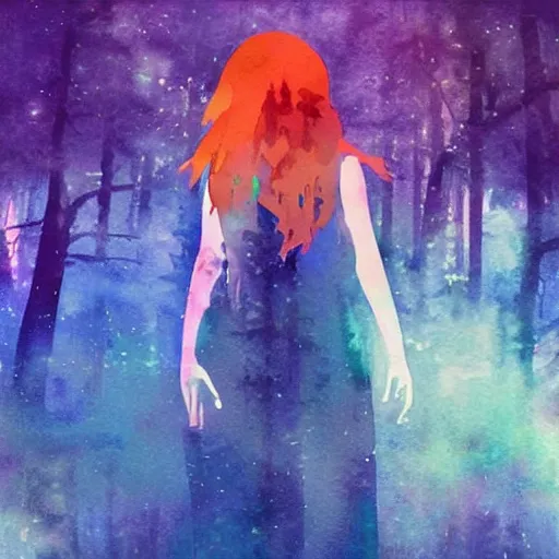 Image similar to “album cover very beautiful watercolor painting of redhead girl singing in a magic forest in a cyberpunk pixelsorting style”