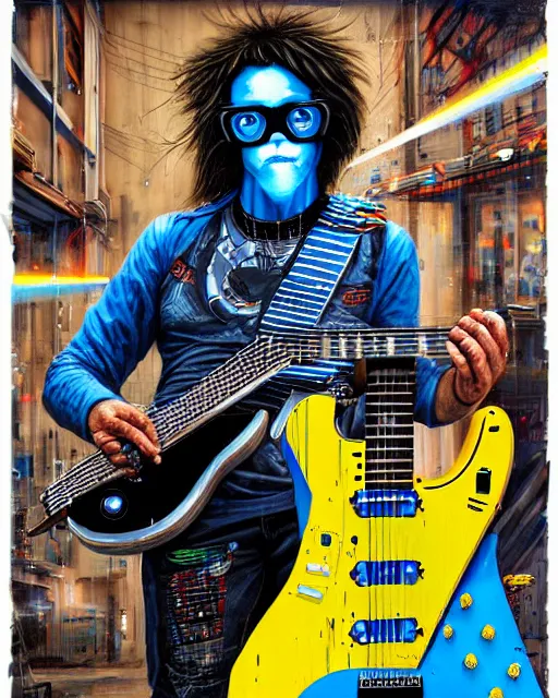 Prompt: a portrait of an anthropomorphic cyberpunk blue lhama shredding an electric guitar by sandra chevrier, by jon foster, detailed render, tape deck, epic composition, cybernetics, 4 k realistic, cryengine, realistic shaded lighting, sharp focus, masterpiece, by enki bilal