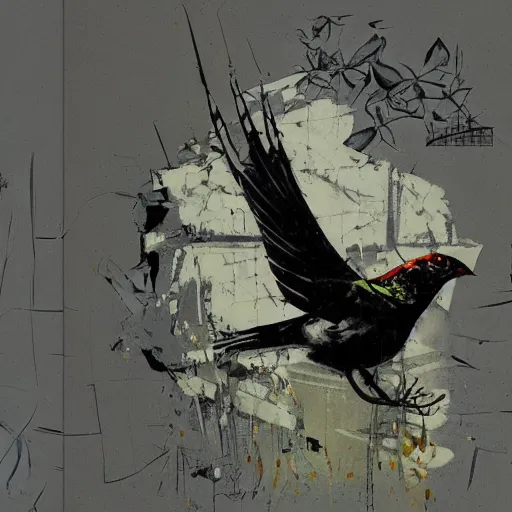 Image similar to the progressive rasterization of a bird from mechanical being to pixels, oil on canvas by dave mckean and yoji shinkawa and ivan shishkin