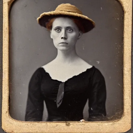 Prompt: a late 1 9 th century, 3 0 years old, austro - hungarian, sullen old maid ( redhead, tight bun, tight bun, straw hat decorated with too big flowers, looks a like amy adams mixed with anne - marie duff, but not pretty, as a strict school teacher ), daguerreotype by emil rabending and robert cornelius