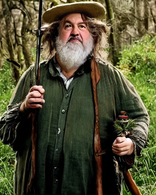 Prompt: annie leibovitz style photoshoot of peter jackson dressed as tom bombadil, lotr, tolkien, weta workshop style, hyperreal