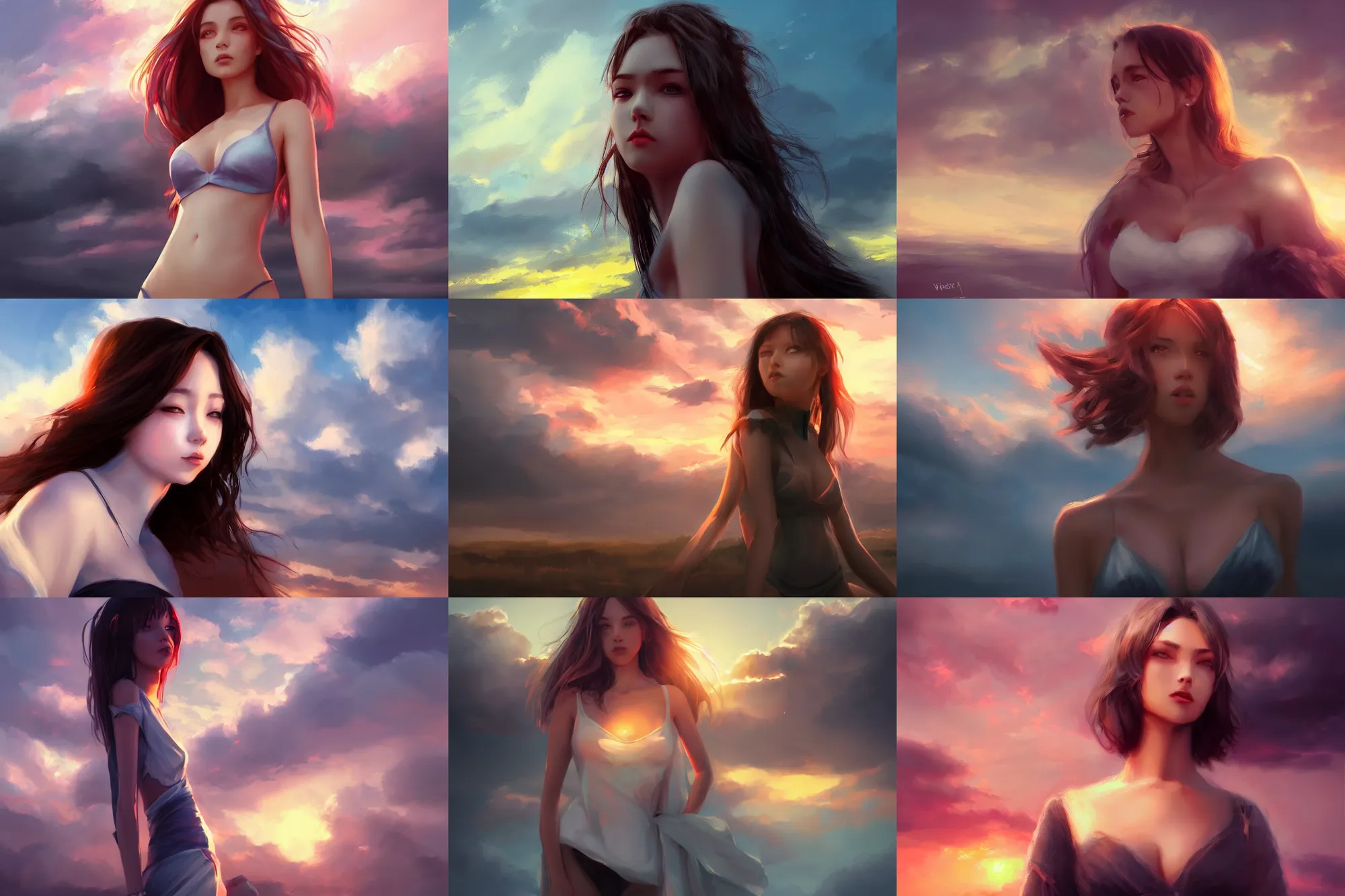 Prompt: front shot of one single beautiful girl, digital art by wlop. artstation contest winner, cinematic paint. dramatic cloud in background. sunset