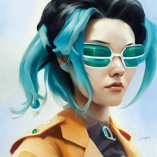 Image similar to greg manchess portrait painting of asada shino sinon as overwatch character, turquoise hair, medium shot, asymmetrical, profile picture, organic painting, sunny day, matte painting, bold shapes, hard edges, street art, trending on artstation, by huang guangjian and gil elvgren and sachin teng