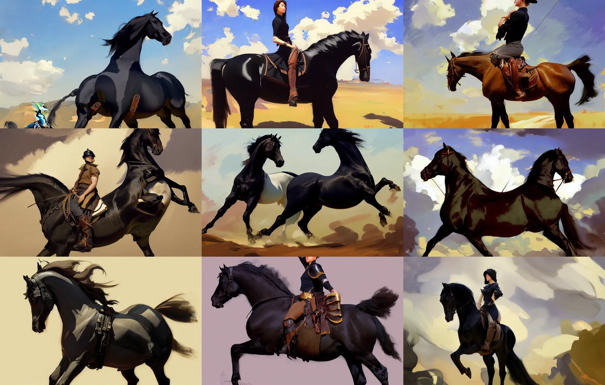 Prompt: cloth fabric black horse stallion jodhpurs side view greg manchess painting by sargent and leyendecker, studio ghibli, fantasy, medium shot, asymmetrical, intricate, elegant, matte painting, illustration, hearthstone, by greg rutkowski, by greg tocchini, by james gilleard, by joe fenton