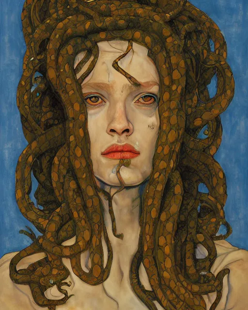 Prompt: portrait of medusa with many snakes by greg rutkowski in the style of egon schiele