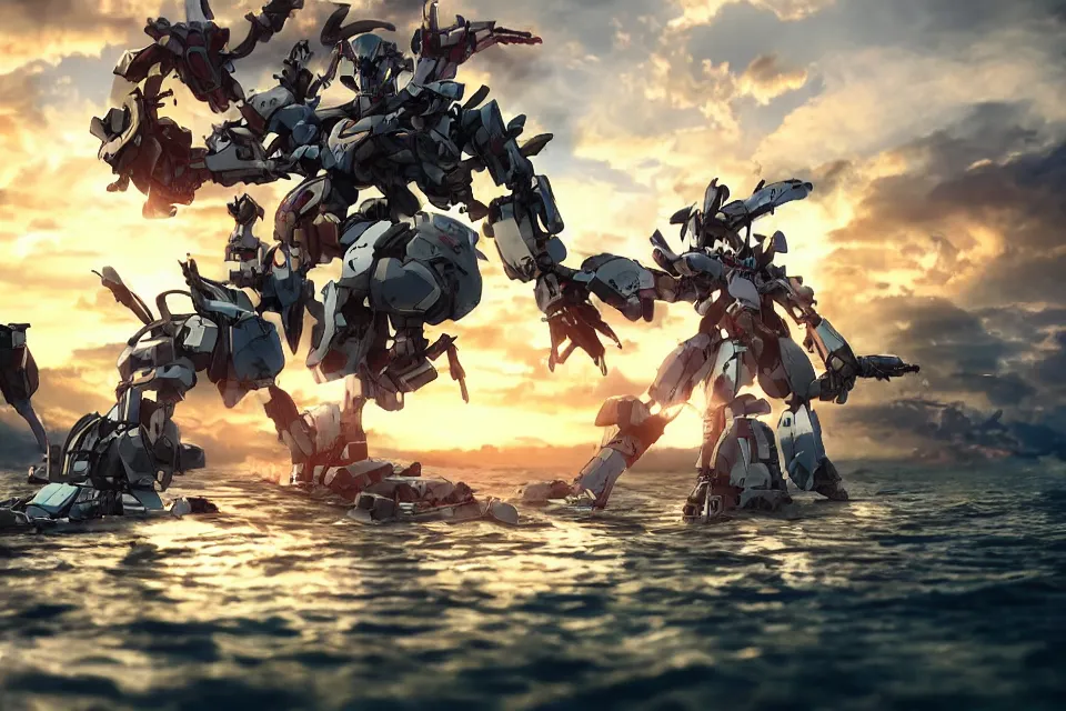 Image similar to Kow Yokoyama Style Mecha and Cyborg Waifu Battle In A Beautiful Lake, beautiful sunset, photorealistic, hyperrealistic, octane render, HDR, IG Studios Anime Style