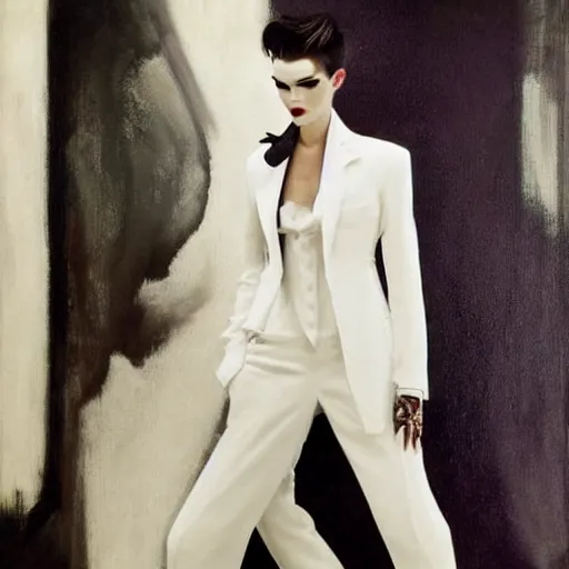 Image similar to beautiful portrait of androgynous ruby rose as desire from sandman in a white tuxedo!!!, rockabilly style, by peter lindbergh, by alphonse mucha, cedric peyravernay, by jeremy mann, by frank moth, white suit and black tie, soft lightning, high detailed, 8 k