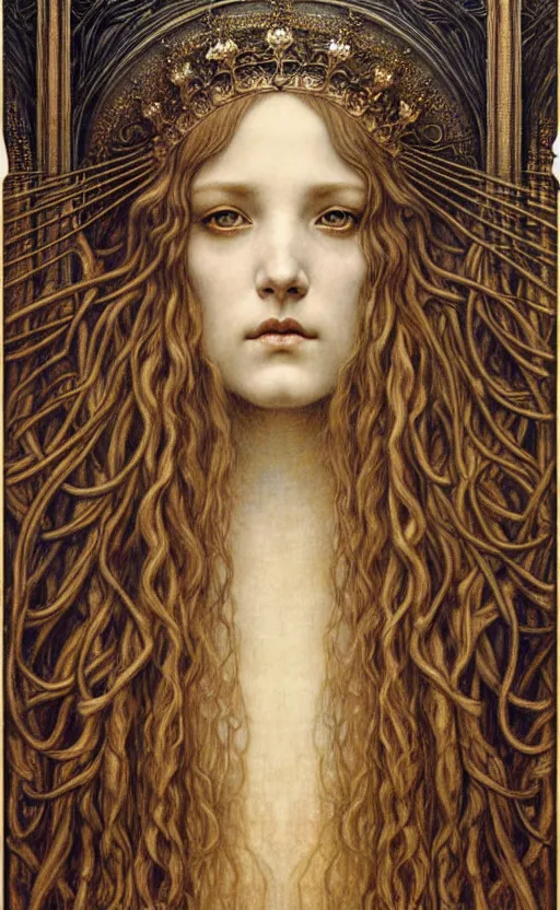 Image similar to detailed realistic beautiful young medieval queen face portrait by jean delville, gustave dore and marco mazzoni, art nouveau, symbolist, visionary, gothic, pre - raphaelite. horizontal symmetry