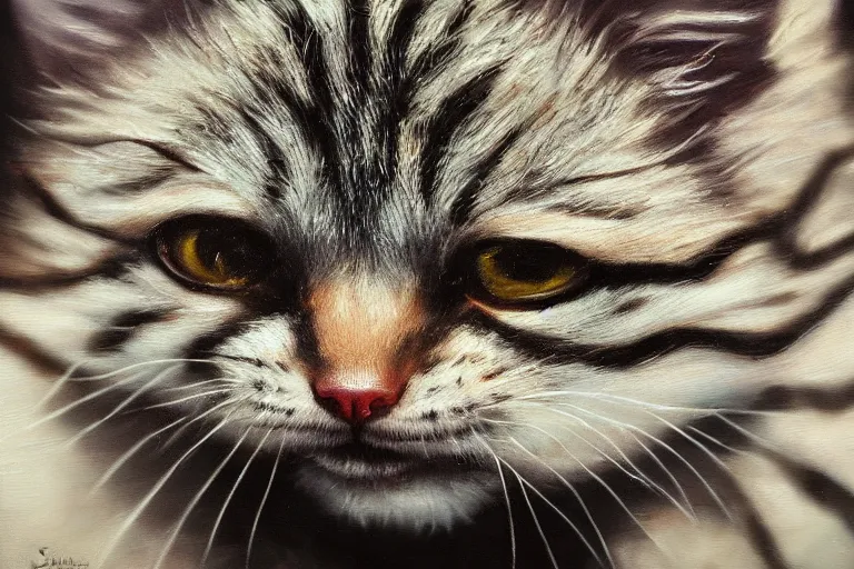 Prompt: A dark, brooding oil painting of a snarling kitten, close-up, high-quality, professional, dramatic lighting, extremely high detail, trending on artstation