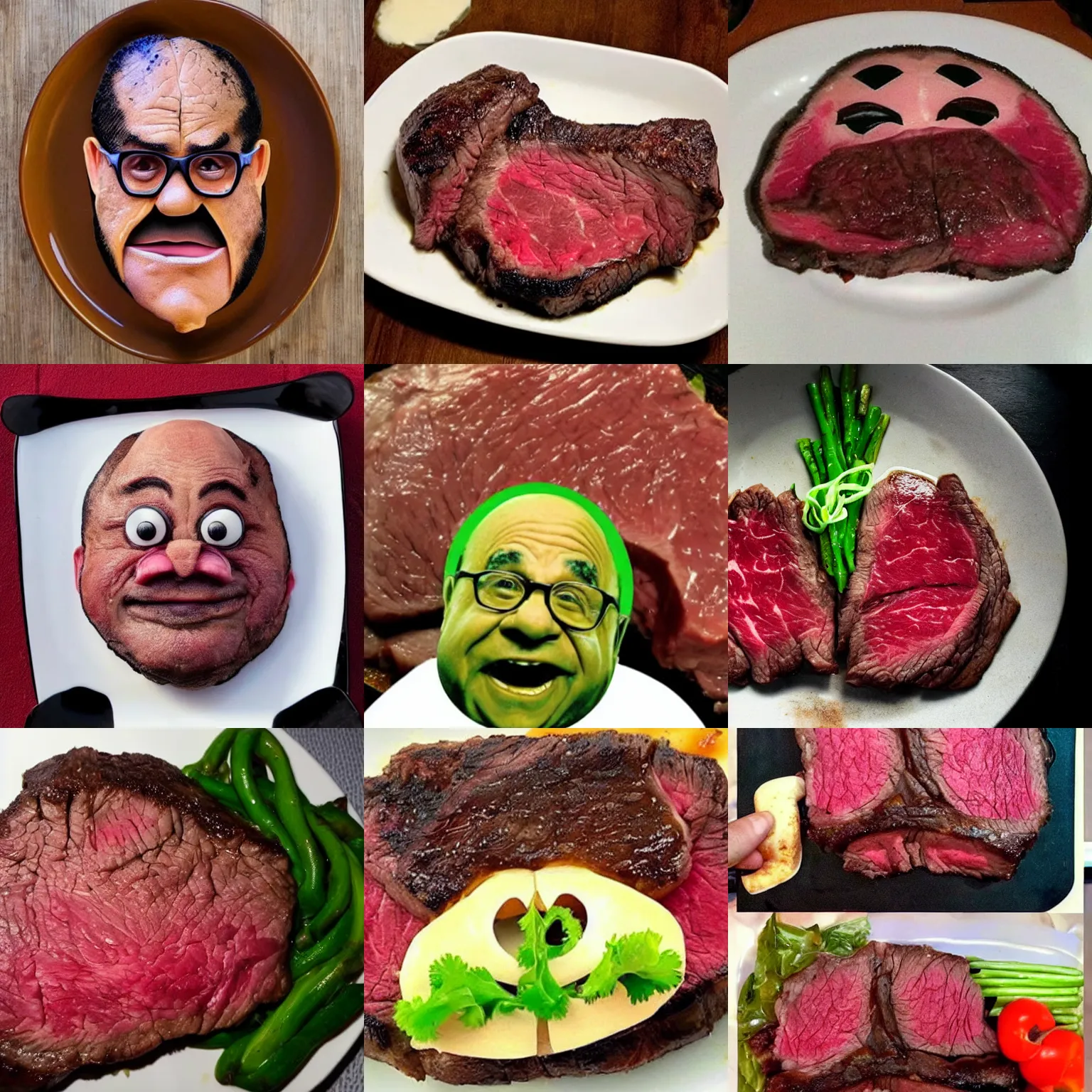 Prompt: a steak that looks like danny devito's face