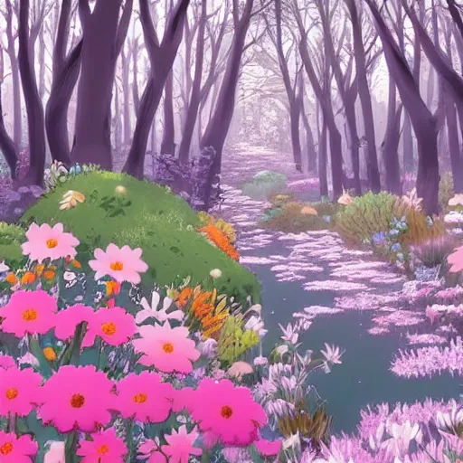 Image similar to flower forest background made by studio ghibli, beautiful scene, creatures