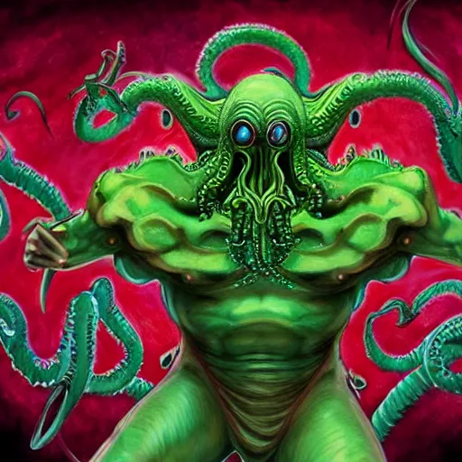 Image similar to 4 k colored headshot of godlike cthulhu with defined arms and open hands and bloody clothes with giant mandala wings, intricate face, flawless anime cel animation by kentaro miura, psychedelic, highly detailed upper body, professionally post - processed, beautiful, scary, symmetry accurate features, epic, octane rendered, anime masterpiece, accurate