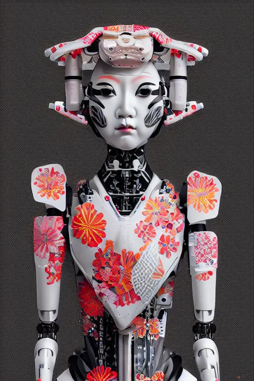 Prompt: full body portrait of a generative design exoskeleton Japanese robot geisha with kanji tattoos and decals wearing a digital pixelated kimono, intricate design, photorealistic, octane render, raytraced, ultra fine detailed, character design, trending on artstation