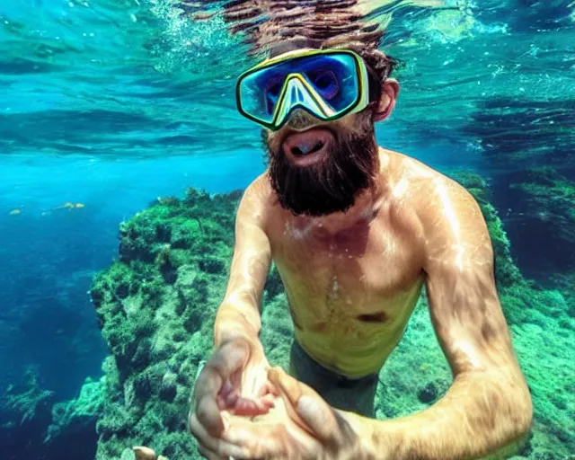 Image similar to Jesus Christ going snorkeling in Costa Rica, photography, instagram filters, full body