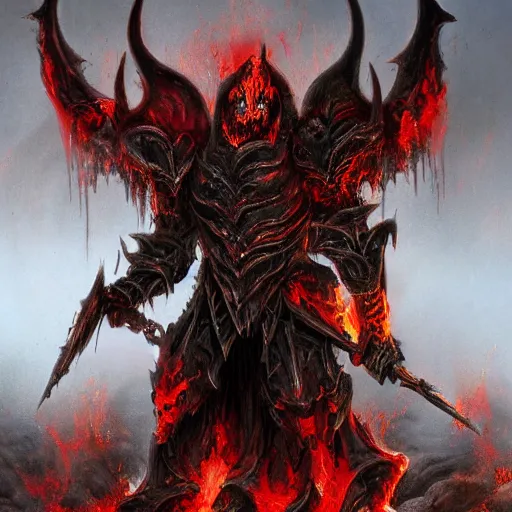 Prompt: inferno demon lord of torment in heavy molten armor, artstation hall of fame gallery, editors choice, #1 digital painting of all time, most beautiful image ever created, emotionally evocative, greatest art ever made, lifetime achievement magnum opus masterpiece, the most amazing breathtaking image with the deepest message ever painted, a thing of beauty beyond imagination or words