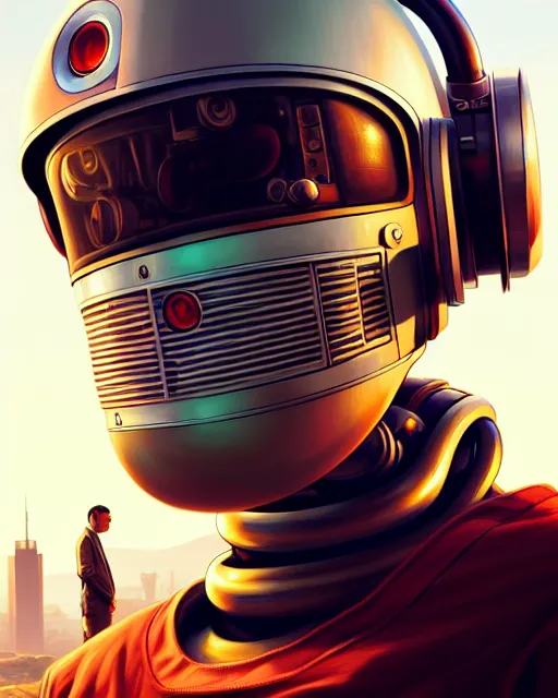 Prompt: hyper - realistic portrait of a vintage robot, gta v cover art, celshading, sharp focus, intricate, detailed, rhads, andreas rocha, makoto shinkai, 4 k