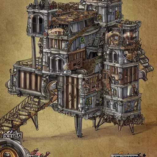 Image similar to steampunk fantasy city built into the side of a mountain, in three levels. the ground level is an industrial area with smokestacks and factories. the upper levels are residential. d & d art style