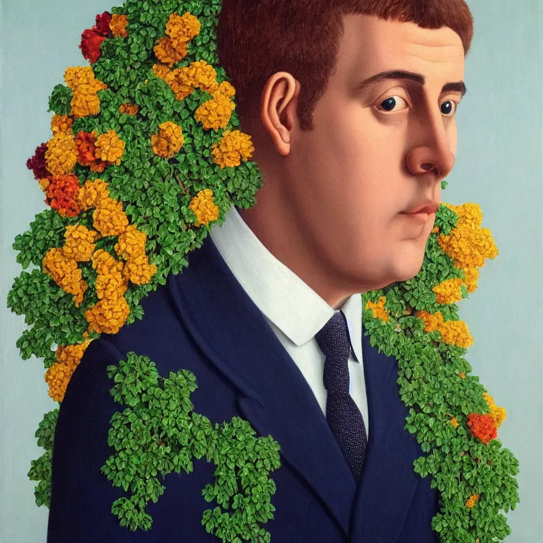 Image similar to portrait of man in a suit, his head is made out of flowers, by rene magritte, detailed painting, hd, hq, high resolution, high detail, 4 k, 8 k