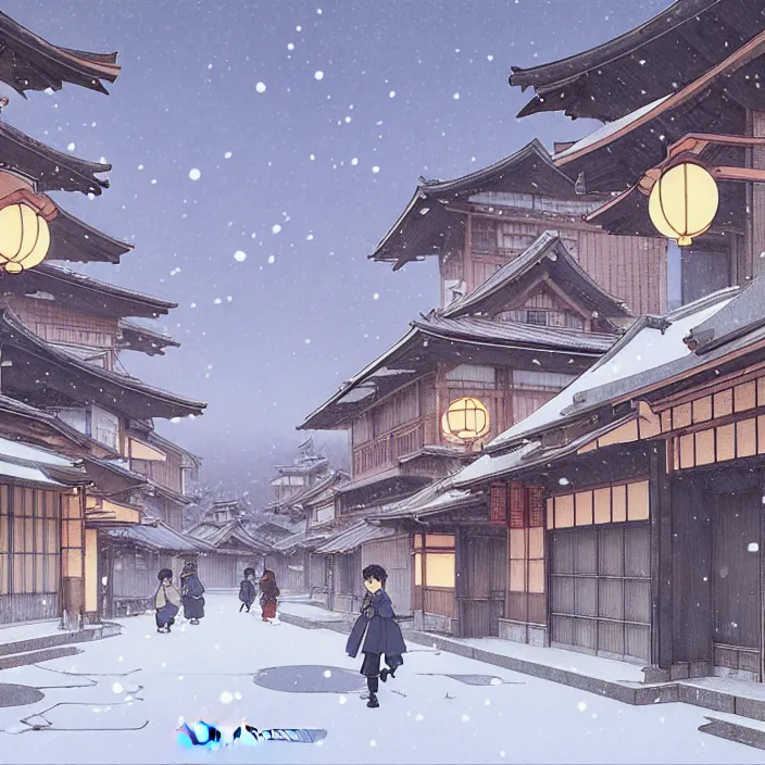 Image similar to empty rural japanese city, winter, in the style of studio ghibli, j. c. leyendecker, greg rutkowski, artem