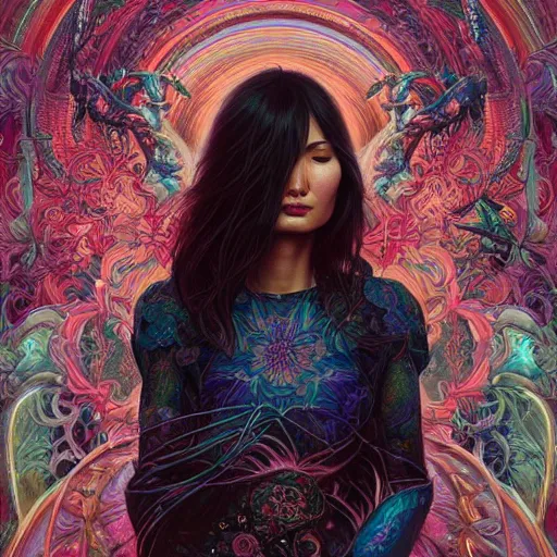 Image similar to portrait of gemma chan, hyper detailed masterpiece, neon floral pattern, jean giraud, digital art painting, darkwave goth aesthetic, psychedelic, artgerm, donato giancola and tom bagshaw