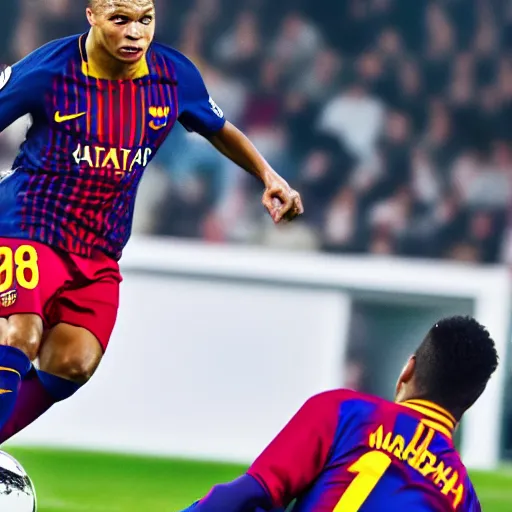 Prompt: Kylian Mbappé playing for FC Barcelona very detailed cinematic hyperrealistic 4k