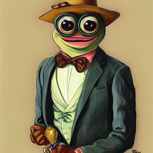 Prompt: pepe the frog in suit and tie, uncropped, painting by Joseph Christian Leyendecker