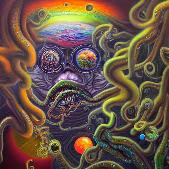 Prompt: an oil on canvas portrait painting of an acid trip, polycount, surrealism, surrealist, lovecraftian, cosmic horror, high detail