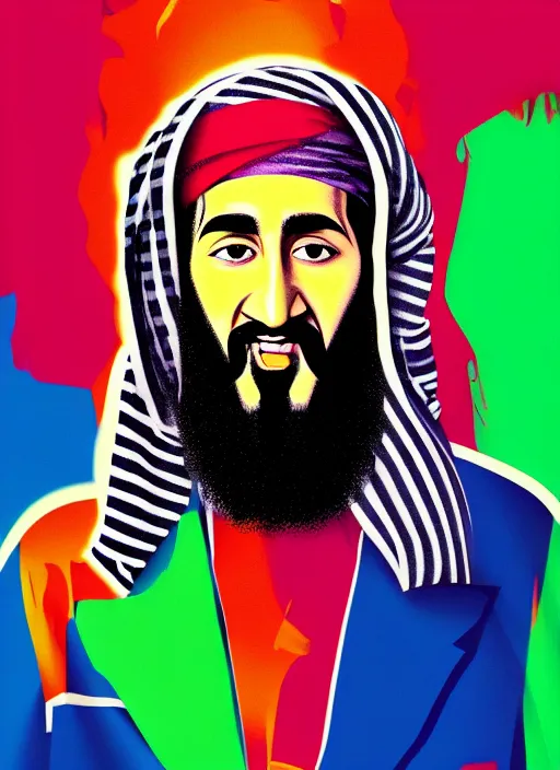 Prompt: bin laden ☦. pop art, no duplicate image, glowing lights, highly detailed, digital painting, artstation, concept art, smooth, sharp focus, illustration, art by richard hamilton and mimmo rottela