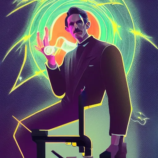 Prompt: majestic futuristic visionary inventor nikola tesla tarot card by sachin teng, artgerm, darius zawadzki, masterpiece, organic painting, matte painting, technical geometrical drawing shapes, swirling lightning electricity bolt, hard edges, graffiti, movie poster art by sachin teng, artstation trending