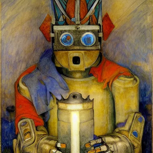 Image similar to the robot with his lantern and crown, by Annie Swynnerton and Diego Rivera , symbolist, dramatic lighting, elaborate geometric ornament, Art Brut, soft cool colors,smooth, sharp focus, extremely detailed, Adolf Wölfli and (Donato Giancola)