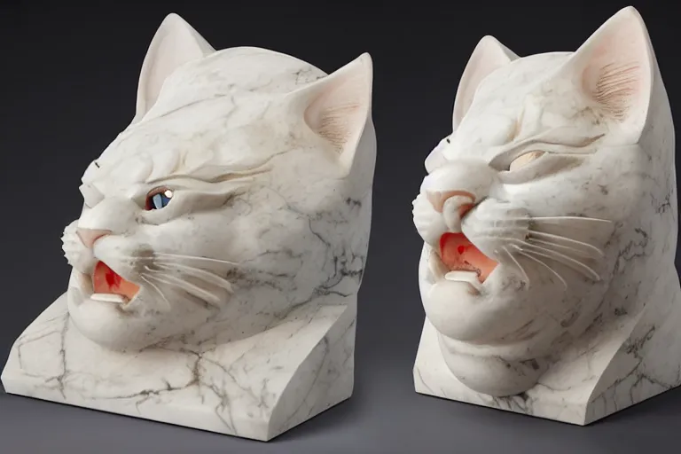 Prompt: a cinematic view of a ornated cat statue made with marble using oni wooden mask