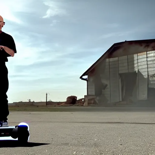 Image similar to Walter White from Breaking Bad (2008) standing on a hoverboard with an exploding building behind him, HDR, 8k,