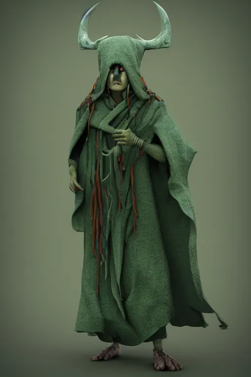 Image similar to A cute shaman with no nose, glowing eyes and a very long hooded dark green cloak of leaves by Julien Kaspar, 3D render, stylized, Cycles Render