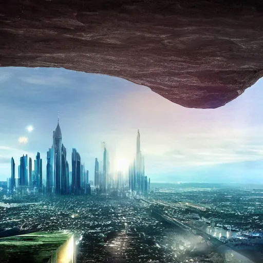 Prompt: an alien spaceship on a cliff outlooking a city, Abstract