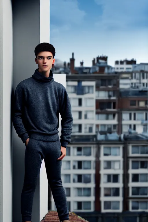 Image similar to un ultra high definition studio quality photographic art portrait of a young man standing on the rooftop of a british apartment building wearing soft padded silver pearlescent clothing. three point light. extremely detailed. golden ratio, ray tracing, volumetric light, shallow depth of field. set dressed.