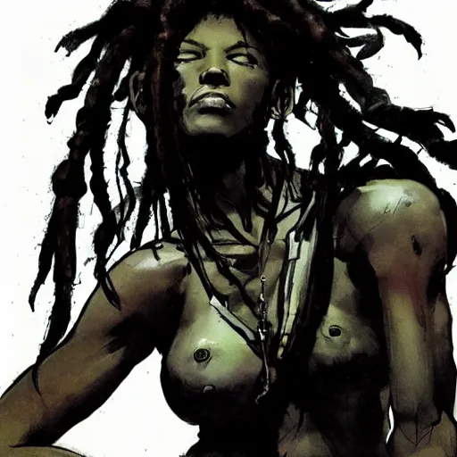 Prompt: beautiful dark - skinned woman with dreadlocks, yoji shinkawa