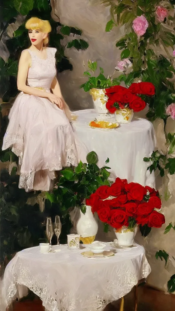 Image similar to beautiful young julee cruise in detailed golden sleeve balloon lace dress beside a pot of red roses set near a persian pot by john singer sargent