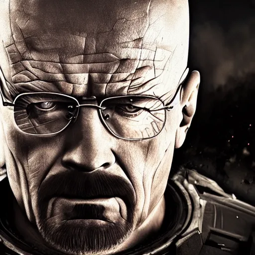 Image similar to Walter White in gears of war, splash art, movie still, detailed face, cinematic lighting, dramatic, octane render, long lens, shallow depth of field, bokeh, anamorphic lens flare, 8k, hyper detailed, 35mm film grain